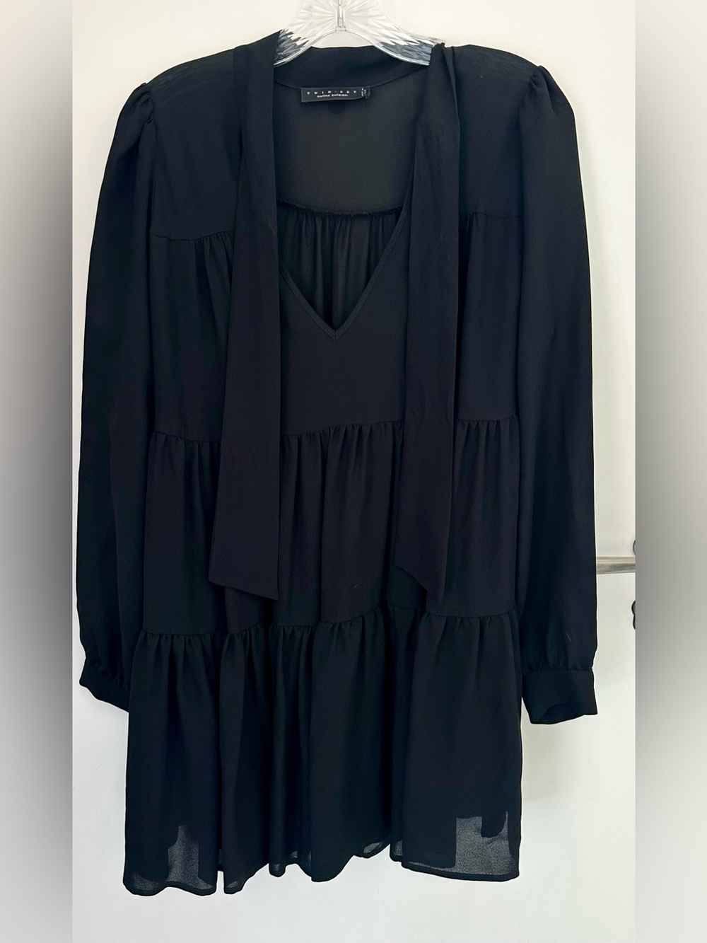 Twinset Simona Barbieri Italian Black Long-Sleeve Tie-Neck Tiered Dress